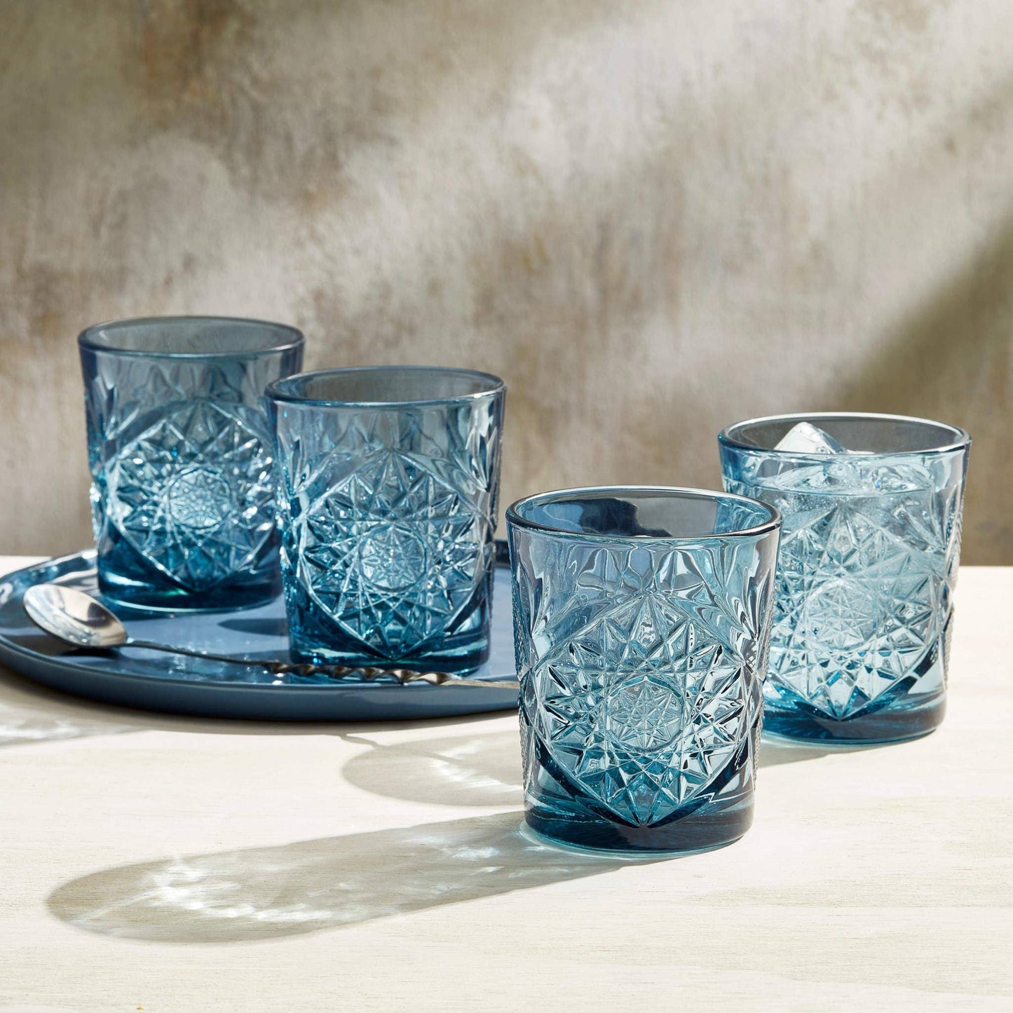ETCHED VINTAGE ROCKS GLASSES – BLUE TINTED, SET OF 4