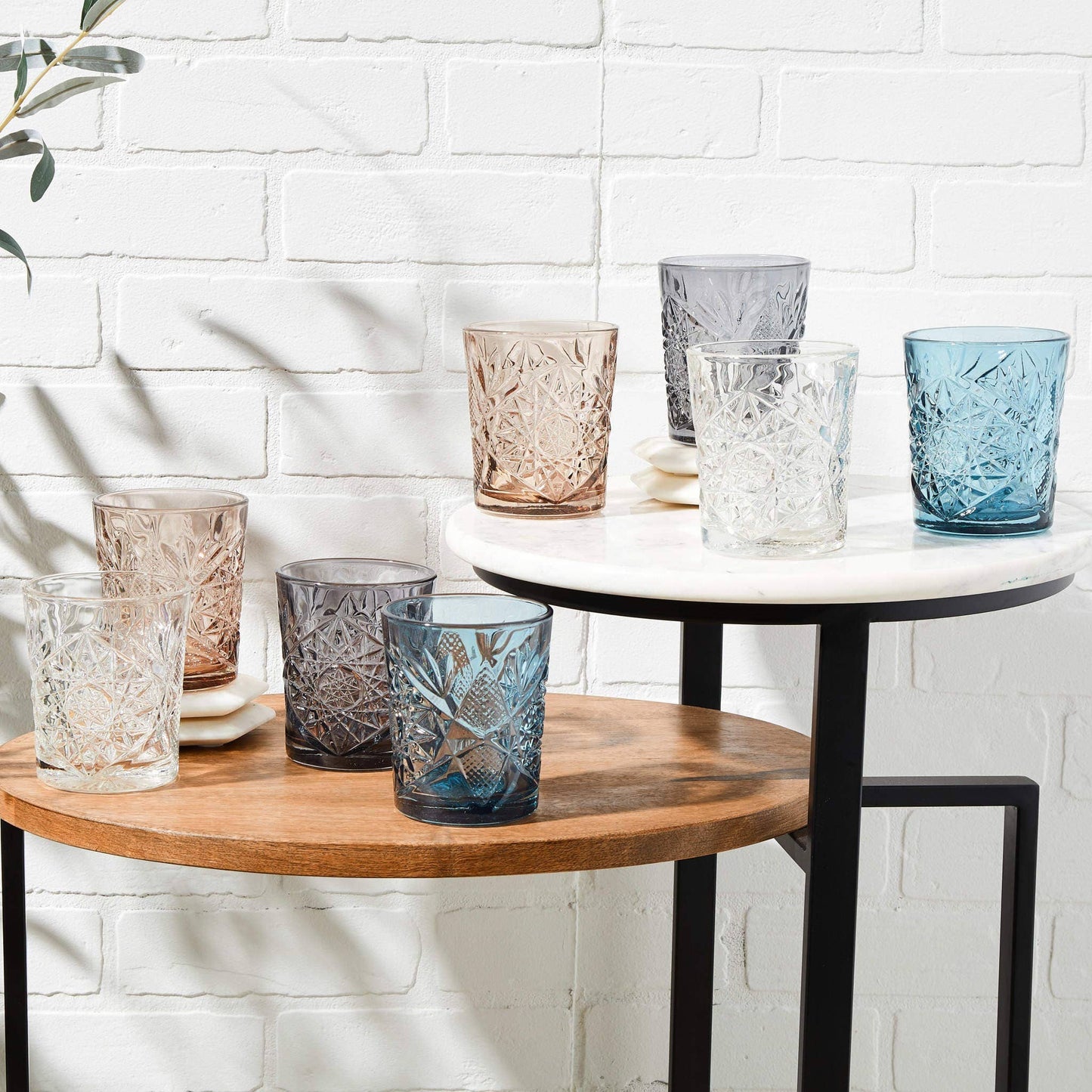 ETCHED VINTAGE ROCKS GLASSES – BLUE TINTED, SET OF 4