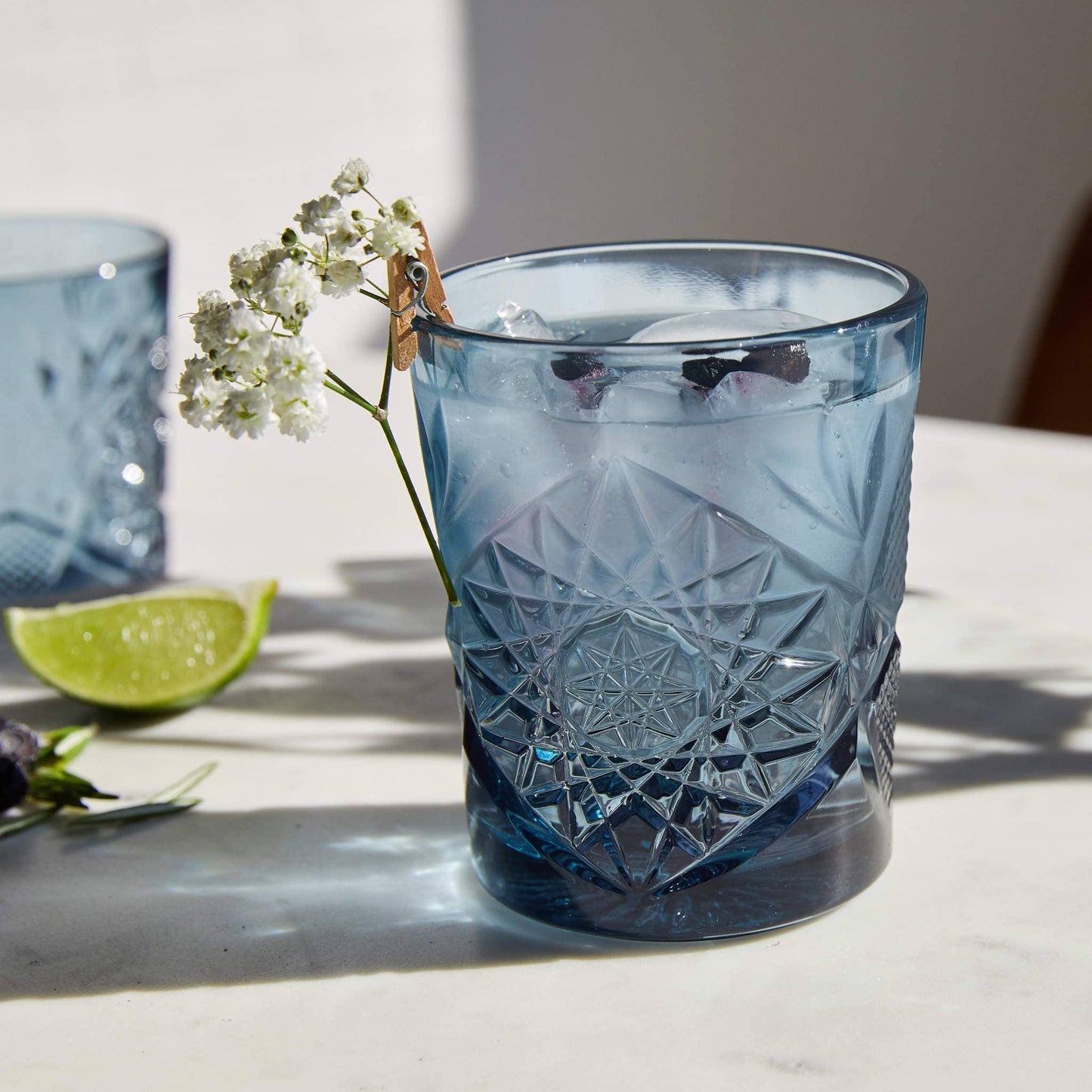 ETCHED VINTAGE ROCKS GLASSES – BLUE TINTED, SET OF 4